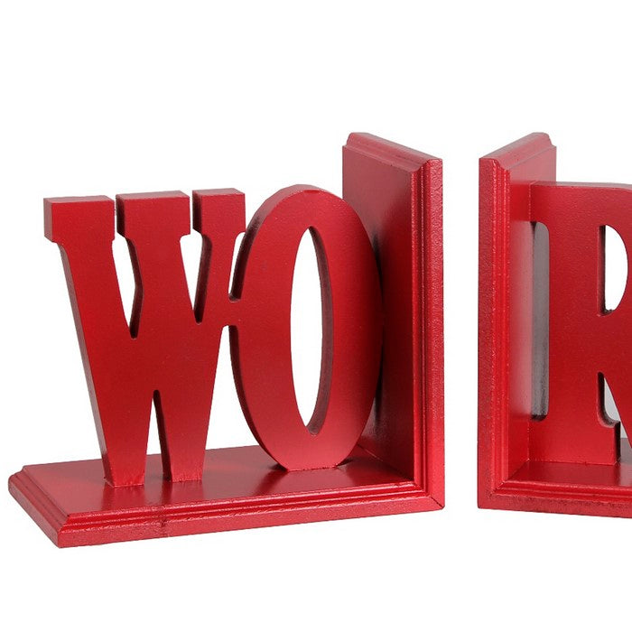 Contemporary WORK Word Wooden Bookends With Cut Out Accents, Red
