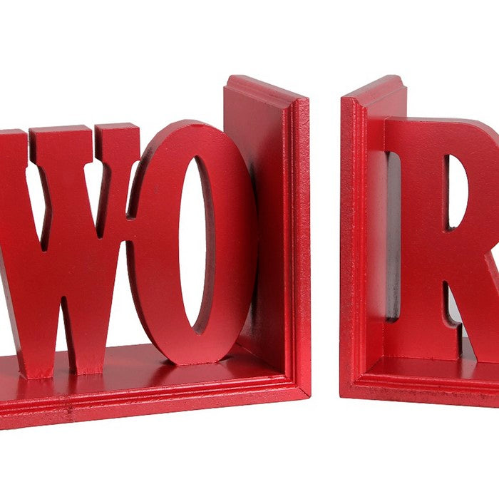 Contemporary WORK Word Wooden Bookends With Cut Out Accents, Red