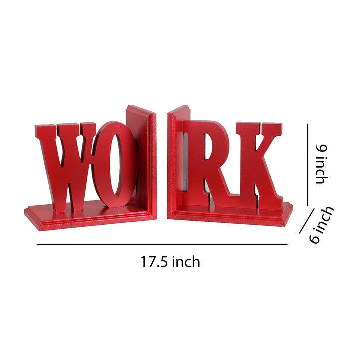 Contemporary WORK Word Wooden Bookends With Cut Out Accents, Red