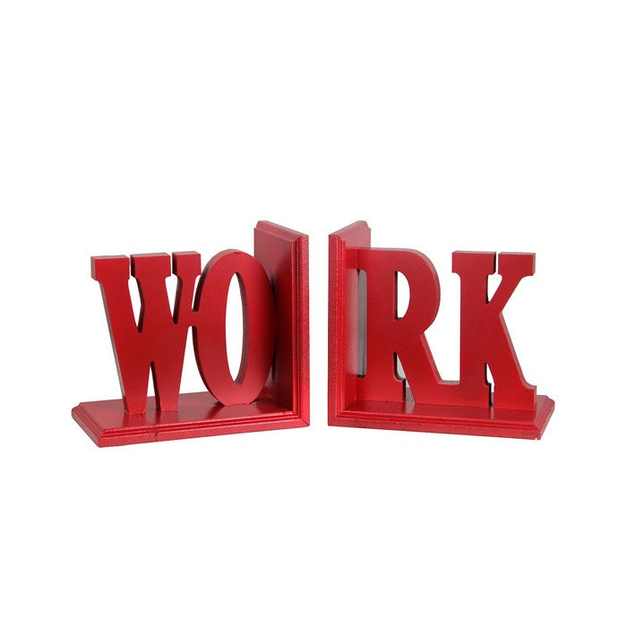 Contemporary WORK Word Wooden Bookends With Cut Out Accents, Red