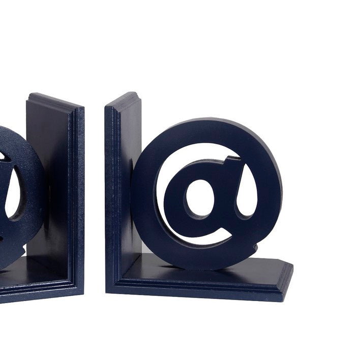 Contemporary At Symbol Wooden Bookends with Cut Out Accents, Blue