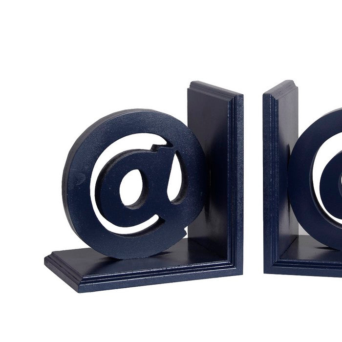 Contemporary At Symbol Wooden Bookends with Cut Out Accents, Blue
