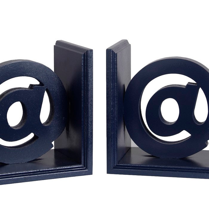 Contemporary At Symbol Wooden Bookends with Cut Out Accents, Blue