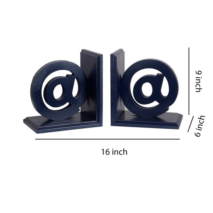 Contemporary At Symbol Wooden Bookends with Cut Out Accents, Blue
