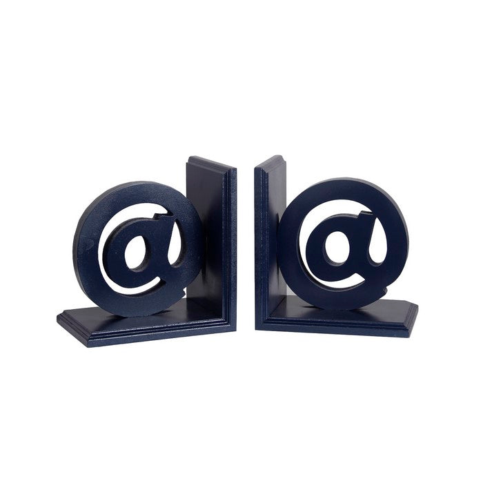 Contemporary At Symbol Wooden Bookends with Cut Out Accents, Blue