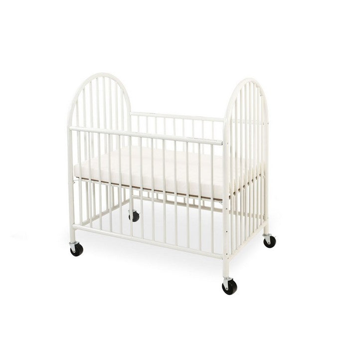 Slatted Metal Crib with Casters and Arched End Panel, White and Black