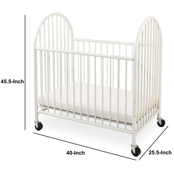 Slatted Metal Crib with Casters and Arched End Panel, White and Black