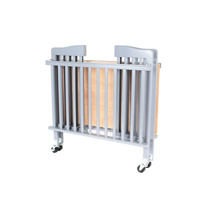 Transitional Slatted Foldable Wooden Crib with Caster Support, Gray