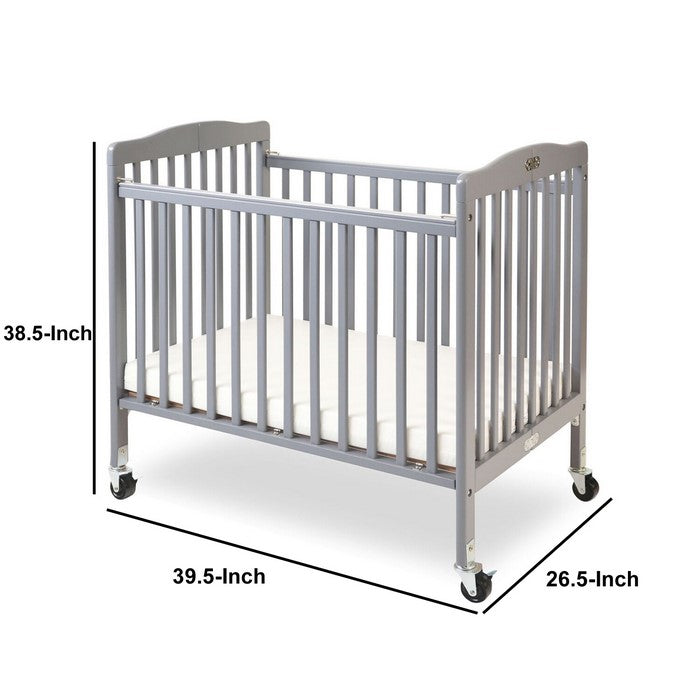 Transitional Slatted Foldable Wooden Crib with Caster Support, Gray