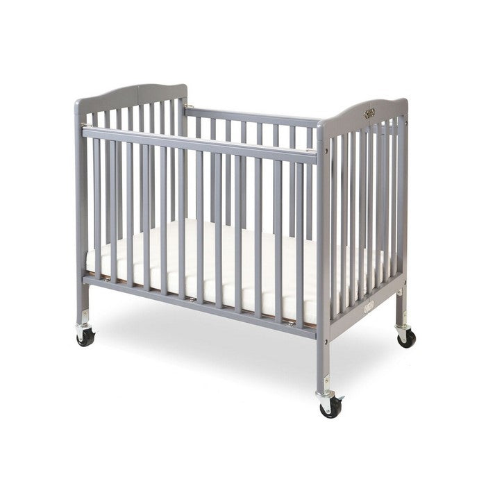 Transitional Slatted Foldable Wooden Crib with Caster Support, Gray