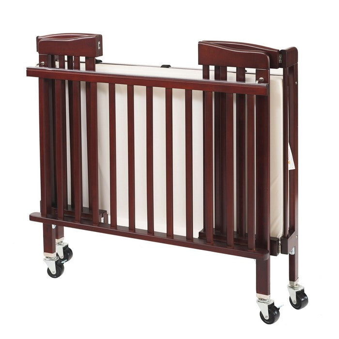 Slatted Foldable Pocket Wooden Crib with Casters Support, Cherry Brown