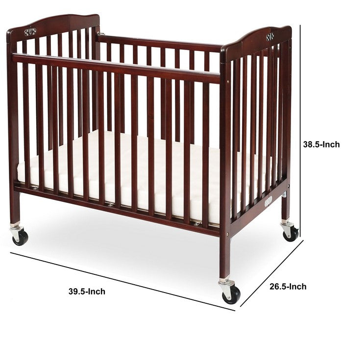 Slatted Foldable Pocket Wooden Crib with Casters Support, Cherry Brown