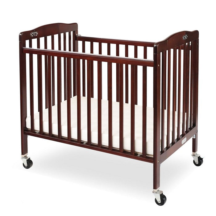 Slatted Foldable Pocket Wooden Crib with Casters Support, Cherry Brown