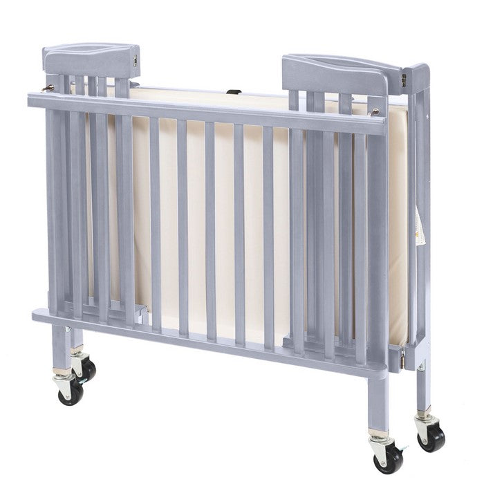 Slatted Foldable Pocket Wooden Crib with Casters Support, Gray