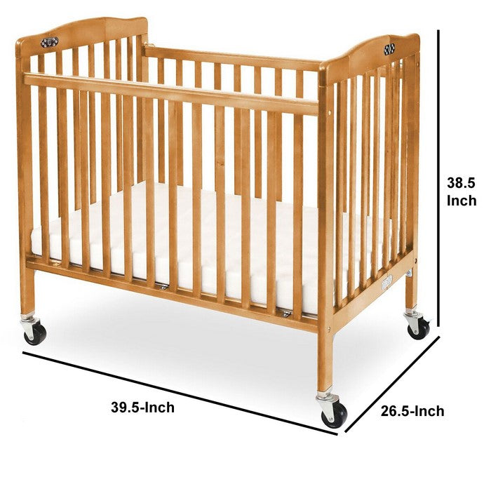 Slatted Foldable Pocket Wooden Crib with Casters Support,Natural Brown