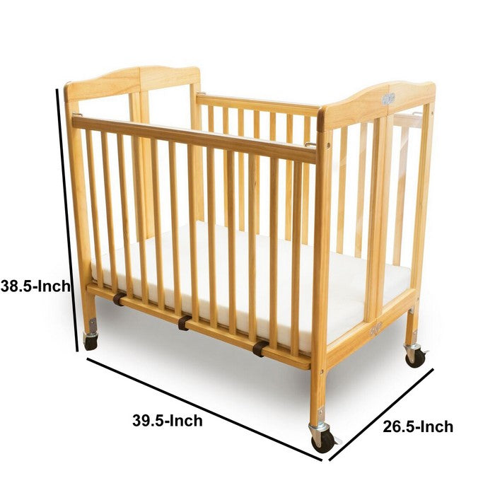 Slatted Foldable Wooden Crib with Casters Support, Natural Brown