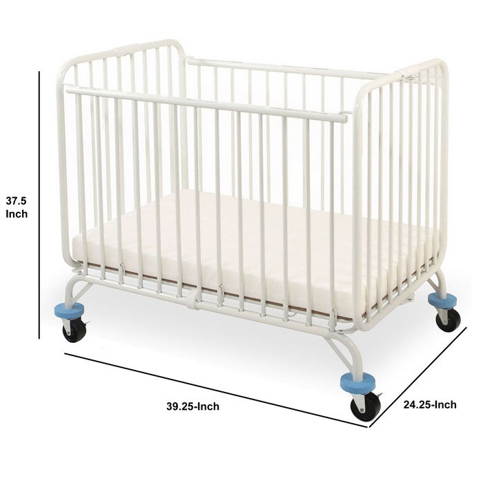 Slatted Metal Crib with Folding Mechanism and Casters, Small, White