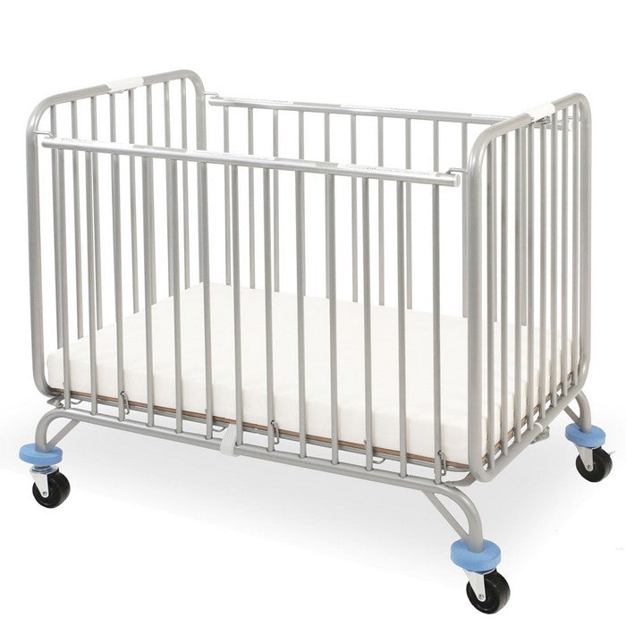 Slatted Metal Crib with Folding Mechanism and Casters, Large, Silver