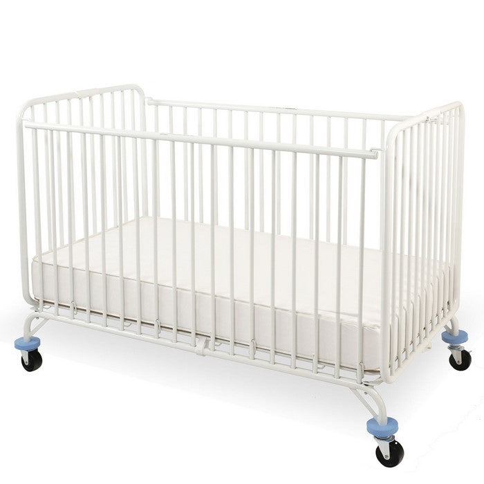 Slatted Full Size Metal Crib with Folding Mechanism and Casters, White