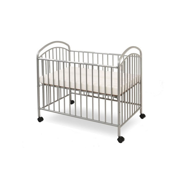 Grid Metal Crib with Adjustable Mattress Height and Casters, Gray