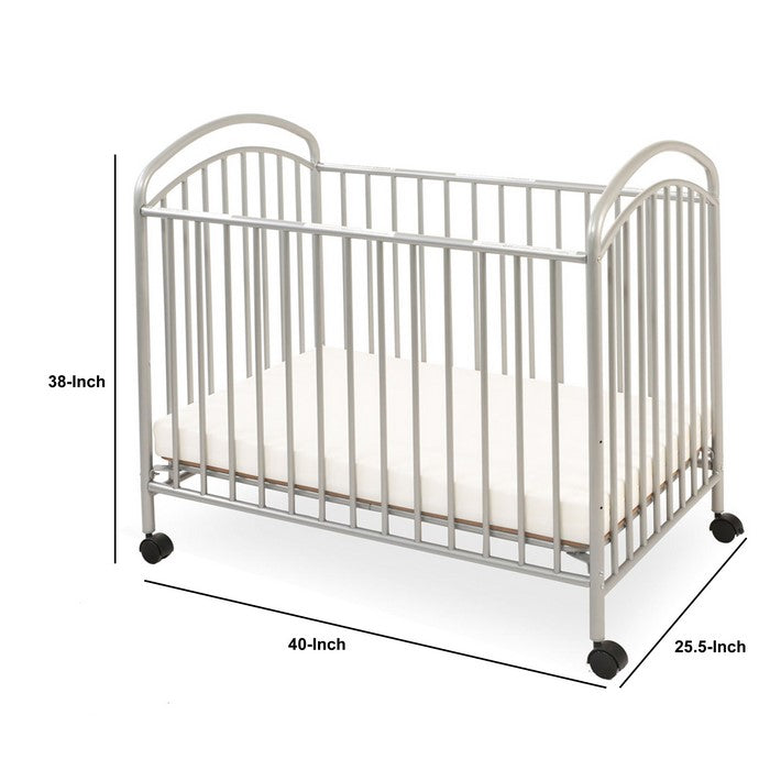 Grid Metal Crib with Adjustable Mattress Height and Casters, Gray