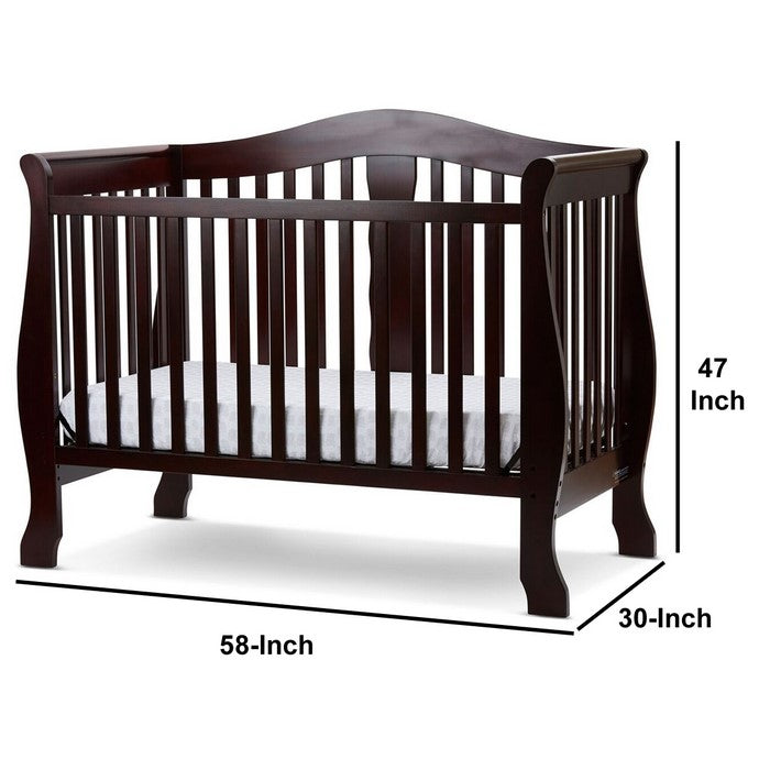 Wooden 4 in 1 Convertible Crib with Slatted Pattern, Cherry Brown