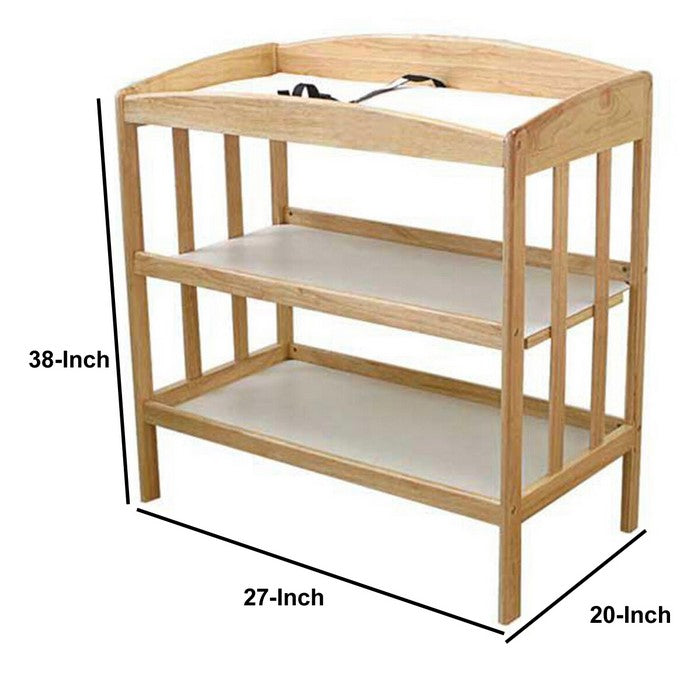 Wooden Changing Table with 2 Shelves and Slatted Sides, Natural Brown