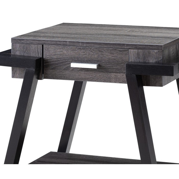 Wooden End Table with Angled Leg Support and 1 Drawer, Black and Gray