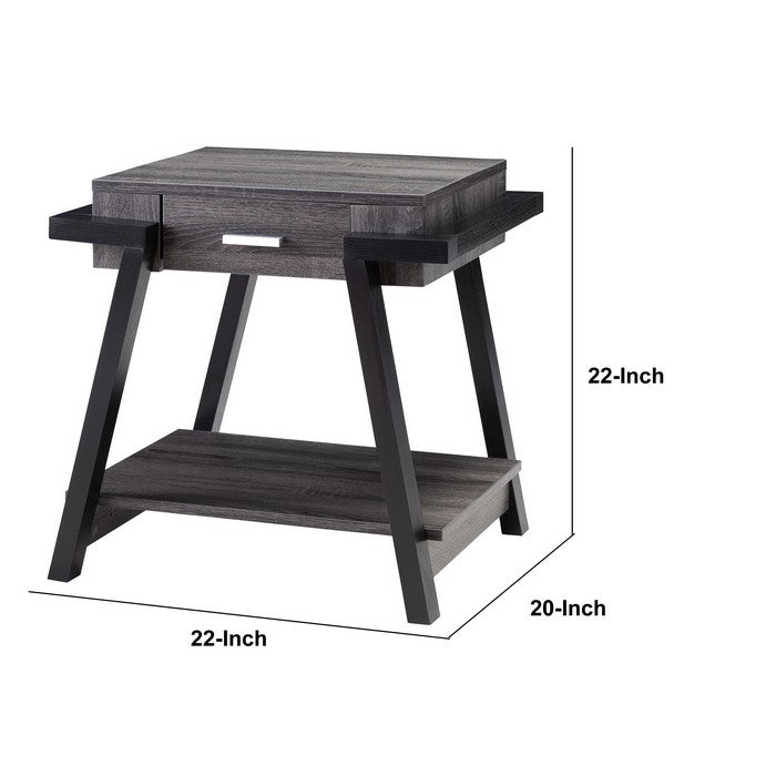 Wooden End Table with Angled Leg Support and 1 Drawer, Black and Gray