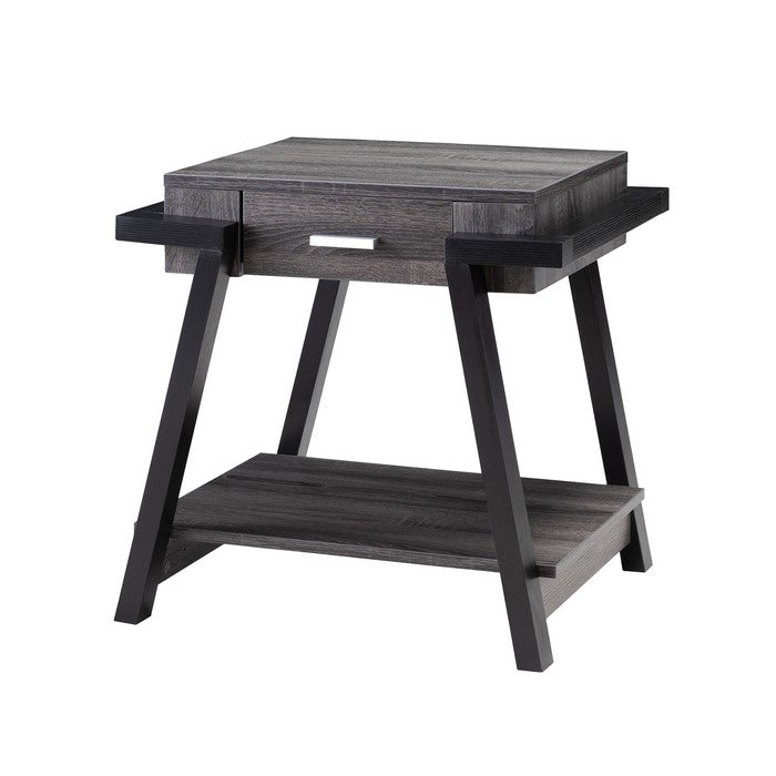 Wooden End Table with Angled Leg Support and 1 Drawer, Black and Gray