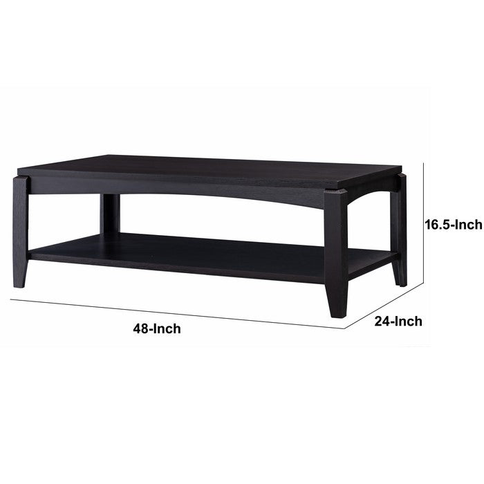Wooden Coffee Table with Open Bottom Shelf and Chamfered Legs, Brown