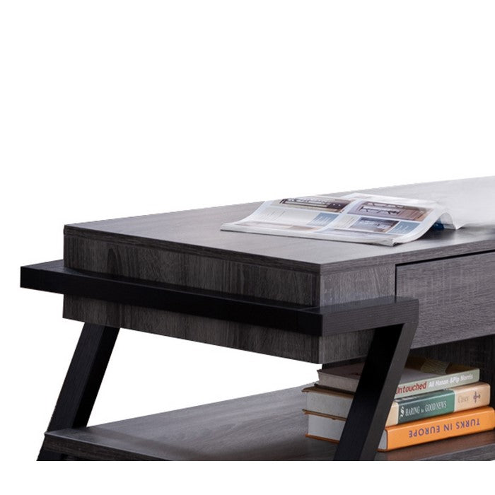 Wooden Coffee Table with Angled Leg Support and Drawer, Black and Gray