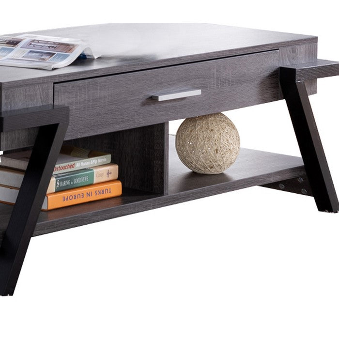 Wooden Coffee Table with Angled Leg Support and Drawer, Black and Gray
