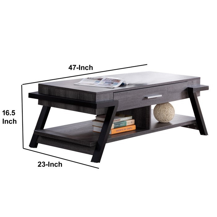 Wooden Coffee Table with Angled Leg Support and Drawer, Black and Gray