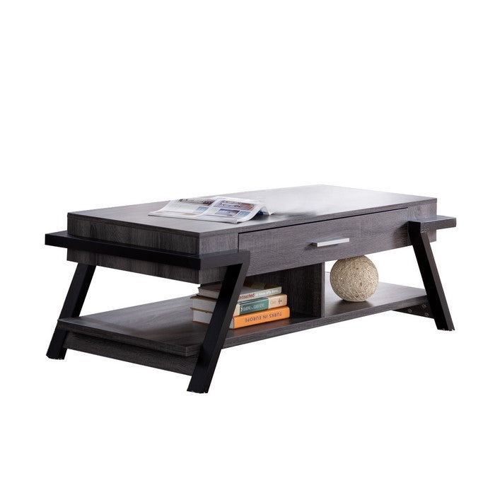 Wooden Coffee Table with Angled Leg Support and Drawer, Black and Gray