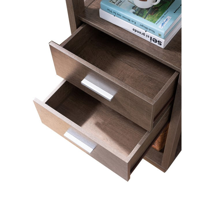 Transitional Wooden Pier with 4 Open Shelves and 2 Drawers, Brown