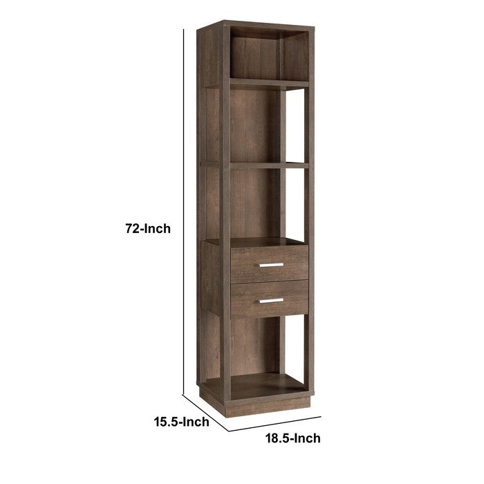 Transitional Wooden Pier with 4 Open Shelves and 2 Drawers, Brown