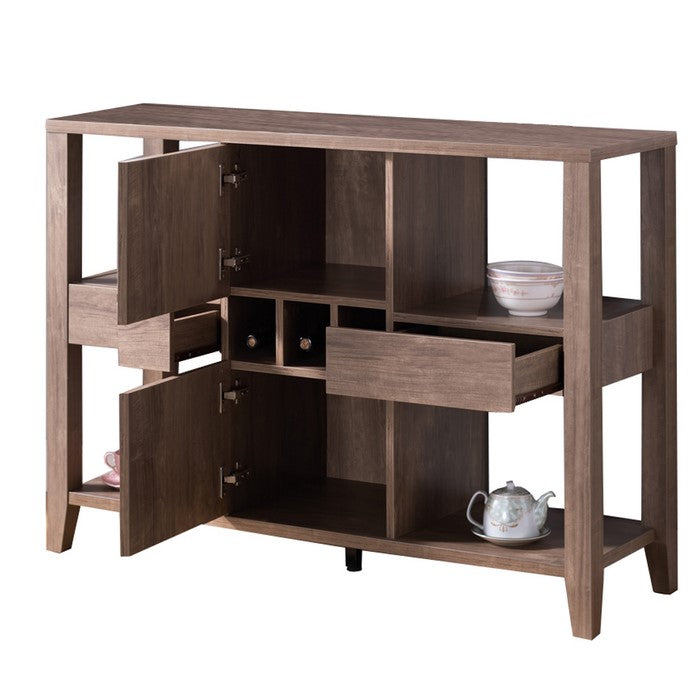 Transitional Wooden Buffet with 4 Open Shelves and 2 Drawers, Brown