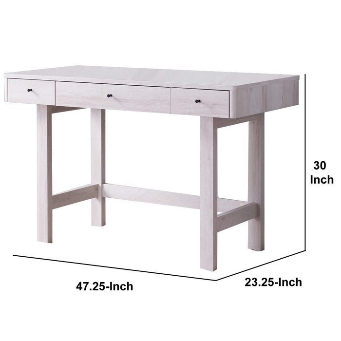 3 Drawer Rectangular Wooden Desk with Block Leg Support, White