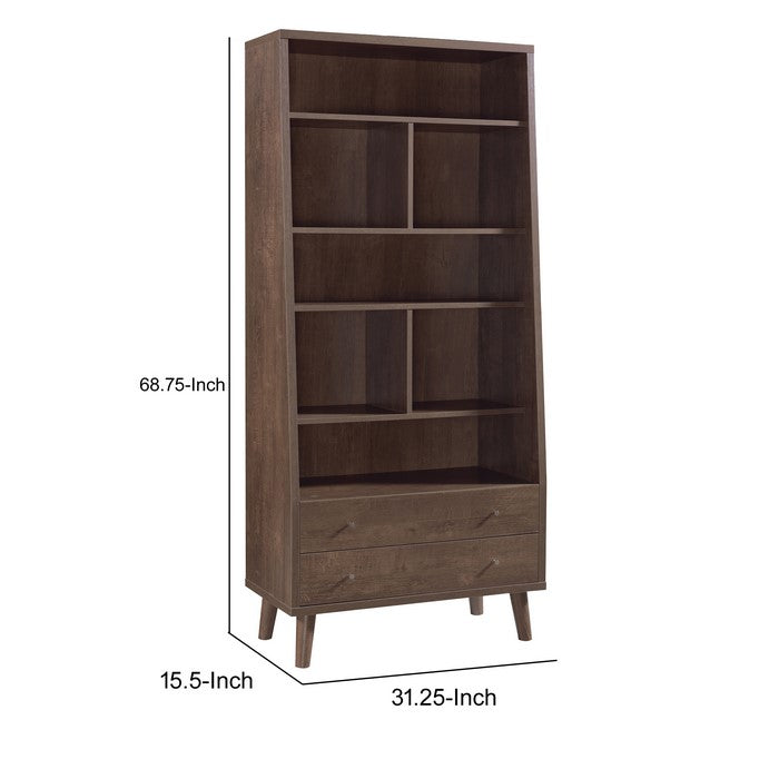2 Drawer Wooden Bookcase with 7 Open Shelves, Brown