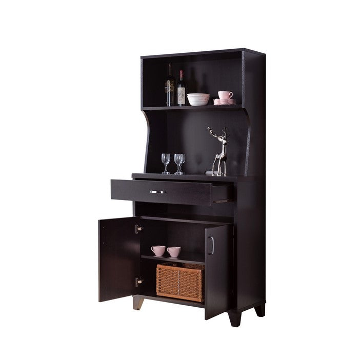 Wooden 2 Door Bakers Cabinet with 3 Open Shelves and 1 Drawer, Brown