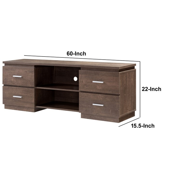 Transitional Wooden TV Stand with 2 Open Shelves and 4 Drawers, Brown