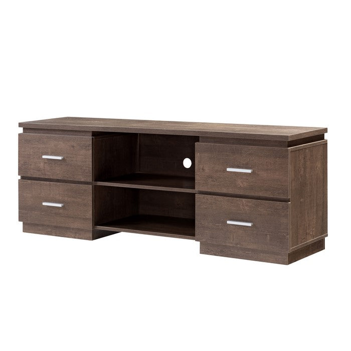 Transitional Wooden TV Stand with 2 Open Shelves and 4 Drawers, Brown