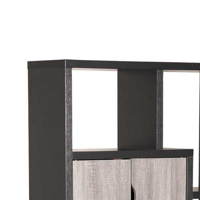 Wooden Bookcase with 4 Doors and 6 Shelves, Black and Distressed Gray