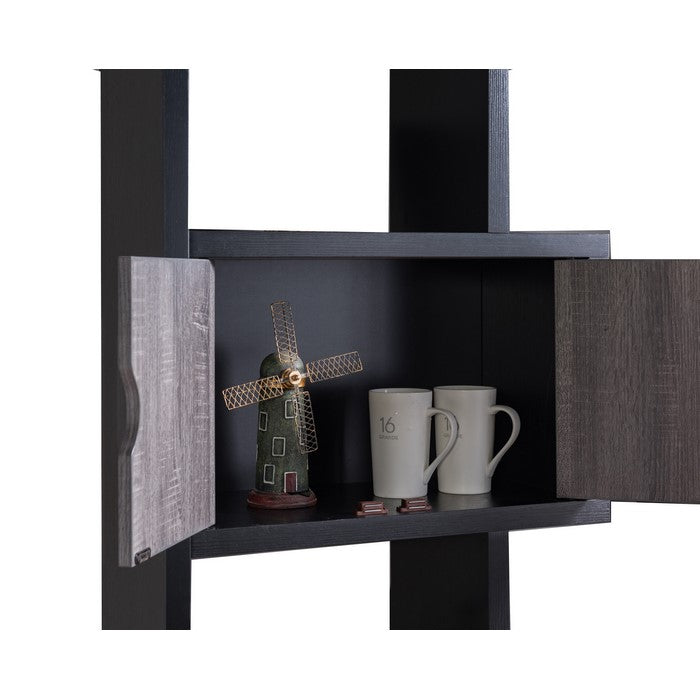 Wooden Bookcase with 4 Doors and 6 Shelves, Black and Distressed Gray