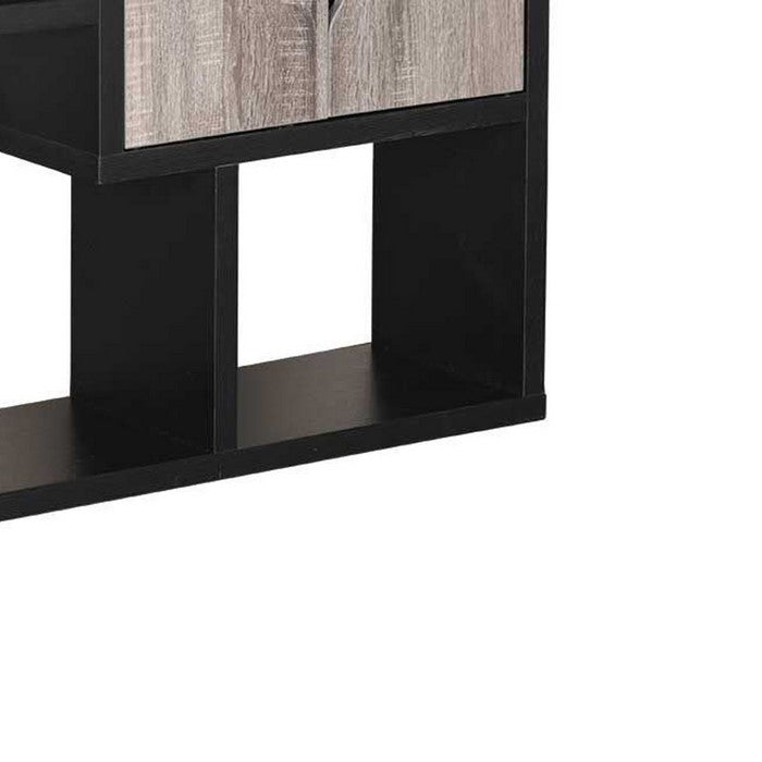 Wooden Bookcase with 4 Doors and 6 Shelves, Black and Distressed Gray