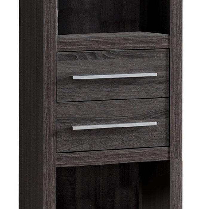 Wooden Media Tower with 2 Drawers and 3 Shelves, Distressed Gray