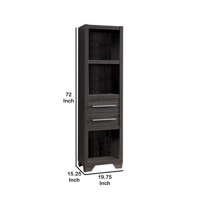 Wooden Media Tower with 2 Drawers and 3 Shelves, Distressed Gray