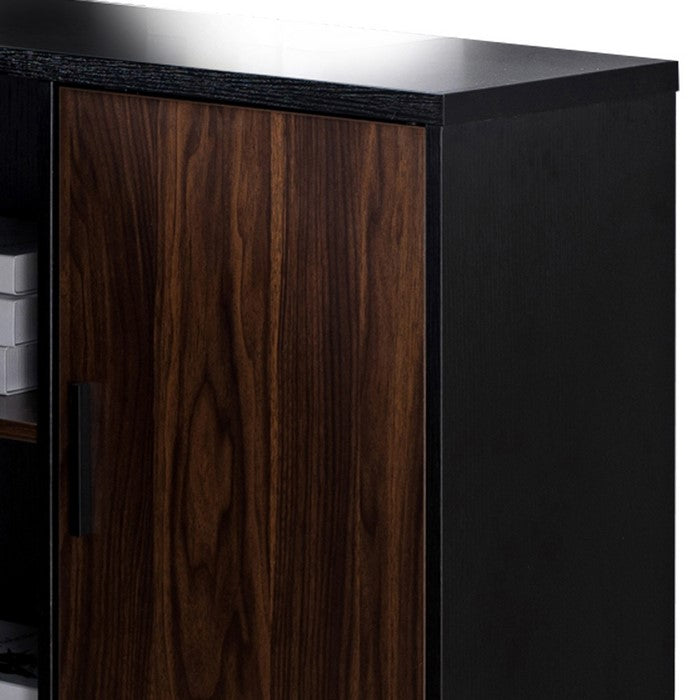 Wooden Desk Return with 4 Shelves and 1 Door Cabinet, Brown and Black