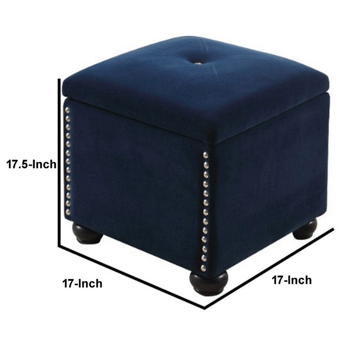 Fabric Upholstered Square Storage Ottoman with Nailhead Trim, Blue